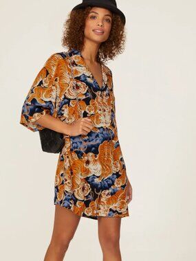 R13 Hawaiian Tiger Print Rayon Romper Orange Blue Size S
